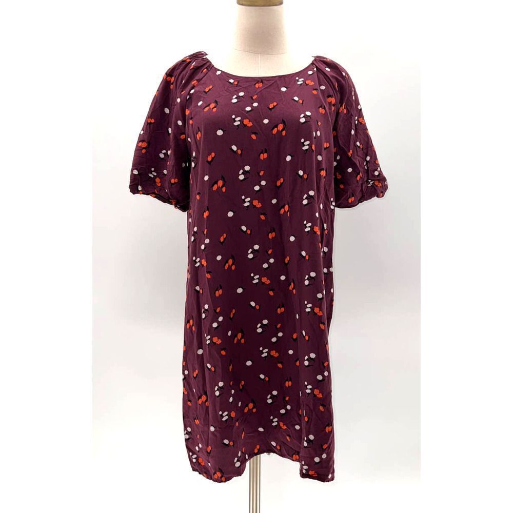 Ann Taylor Factory Maroon/Floral Print Puff Short Sleeves Lined Shirt Dress- S